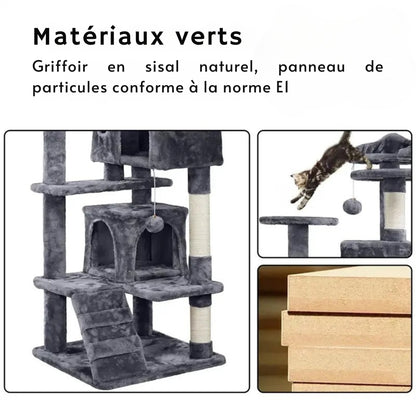 Arbre à chat gris anthracite multi-niveaux avec rampe d'escalier, deux niches spacieuses et perchoir supérieur oreilles de chat, illustré avec trois chats en train de jouer et dormir.