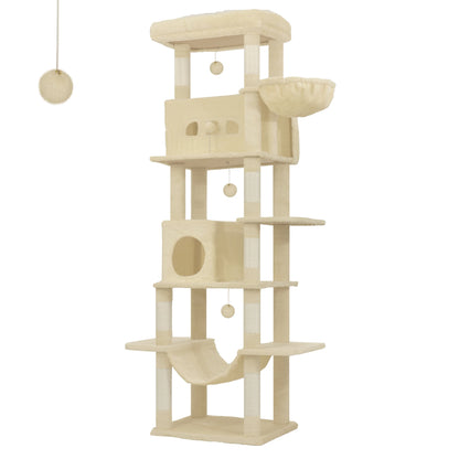 Arbre à chat haut Le Colosse beige de 210 cm : plateau de 60 x 40 cm, panier, deux niches et griffoirs — Les Trésors d'Owka