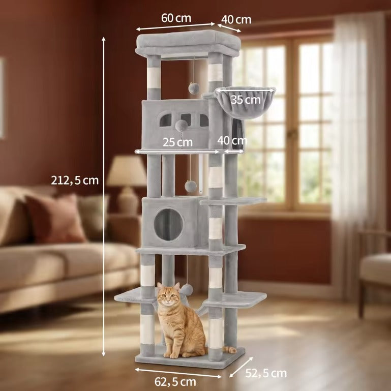 Schéma coté de l'arbre à chat haut Le Colosse : 212,5 cm, base de 62,5 x 52,5 cm, plateau de 60 x 40 cm — Les Trésors d'Owka