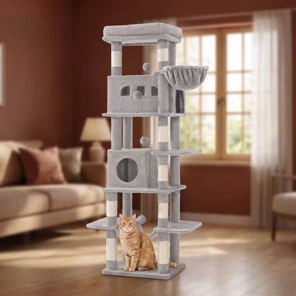 L'arbre à chat haut Le Colosse gris clair au salon, un chat roux à son pied — Les Trésors d'Owka