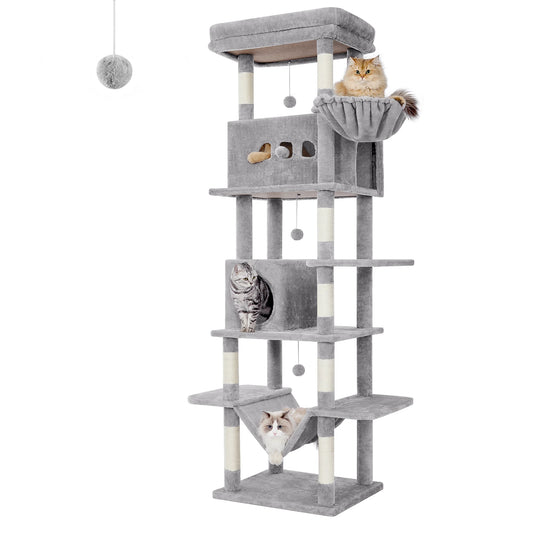 Arbre à chat haut Le Colosse gris clair de 210 cm, avec deux niches, panier et griffoirs en sisal — Les Trésors d'Owka