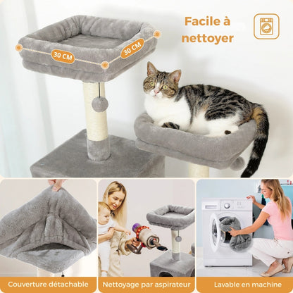 Arbre à chat gris avec paniers déhoussables et lavables en machine, entretien facile par aspirateur et coussins en peluche amovibles pour une hygiène parfaite.
