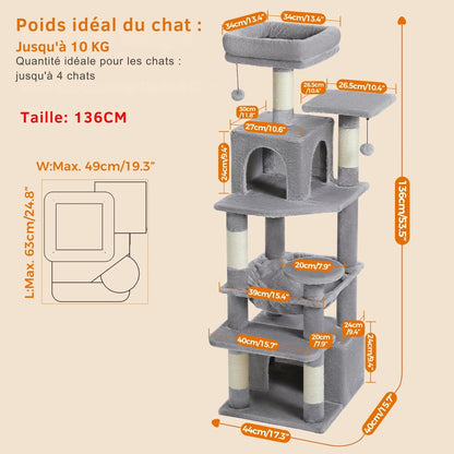 Arbre à chat gris avec paniers de 30x30 cm déhoussables et lavables en machine, entretien facile par aspirateur et coussins en peluche amovibles.