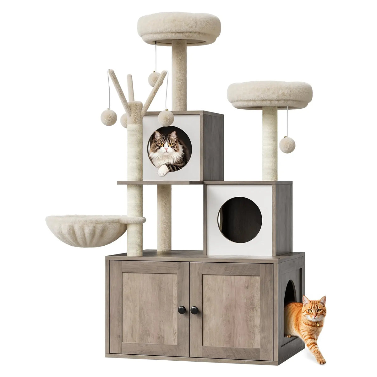 Arbre à chat litière bois gris et peluche beige : placard à 2 portes, 2 niches, panier et 2 perchoirs — Les Trésors d'Owka
