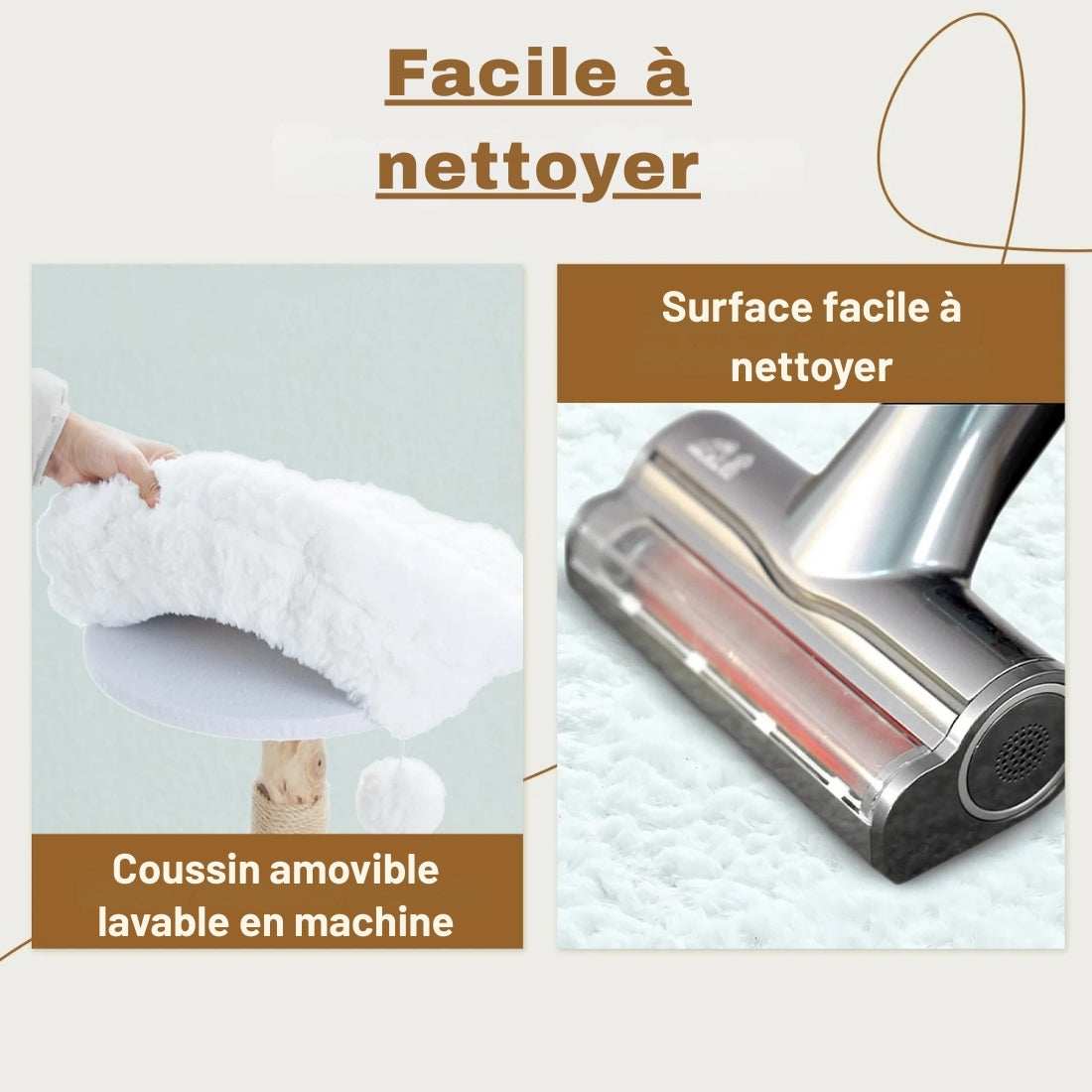 Arbre à chat Marguerite facile à nettoyer avec coussin amovible lavable en machine et surface en peluche blanche compatible avec un aspirateur.