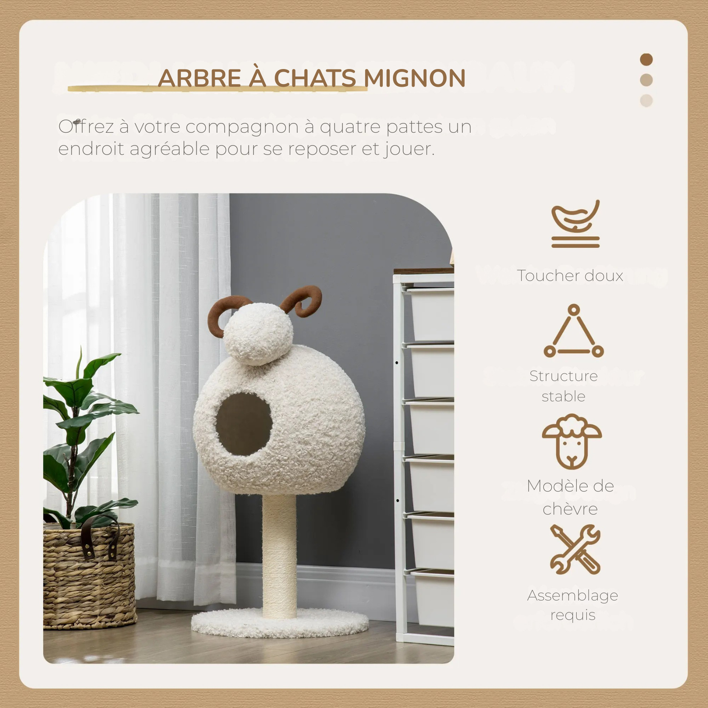 Infographie publicitaire pour un arbre à chat mignon en forme de chèvre. L'image détaille les points forts : toucher doux en peluche bouclée, structure stable et montage facile. Arbre chaton thématique blanc avec niche ronde et griffoir en sisal. Design unique pour un arbre a chat Les Trésors d'Owka.