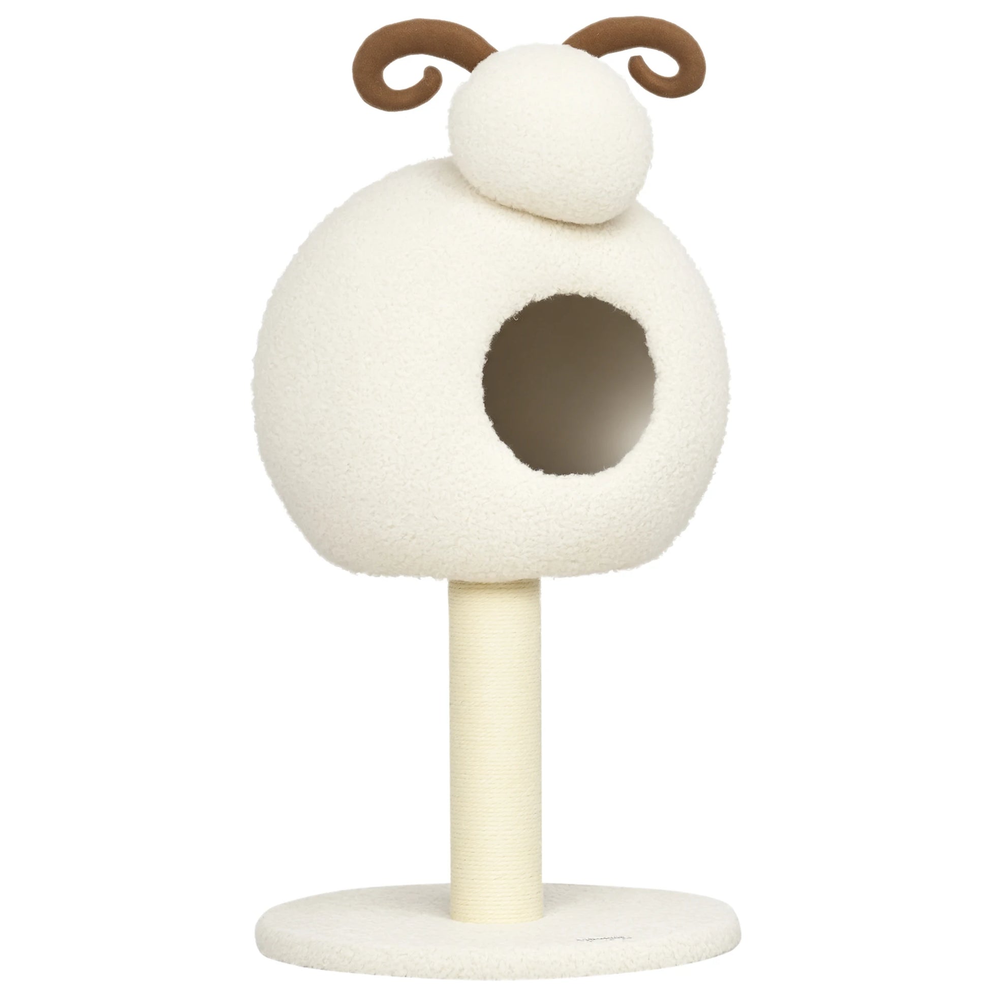 Arbre à chat design mouton blanc avec une niche ronde en peluche bouclée ultra-douce. L'image présente un arbre chaton surélevé sur un poteau griffoir en sisal blanc avec des cornes marron décoratives. Mobilier stable et élégant pour arbre a chat style scandinave. Qualité Les Trésors d'Owka.