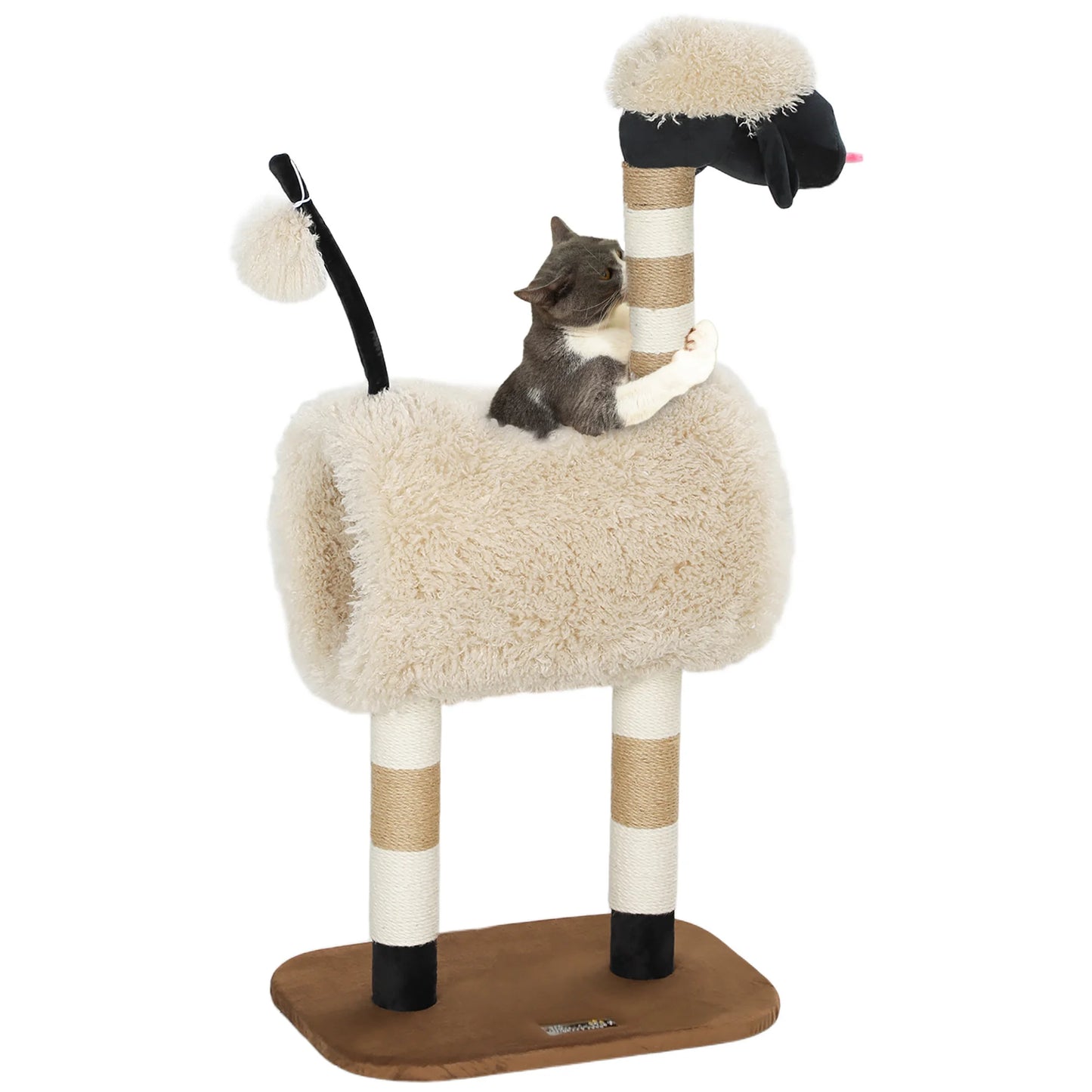 Arbre à chat original en forme d'autruche avec une niche tunnel en peluche beige. L'image montre un chat utilisant le griffoir en sisal bicolore. Arbre chaton ludique avec pompon suspendu et base stable marron. Accessoire design et créatif pour arbre a chat. Les Trésors d'Owka.