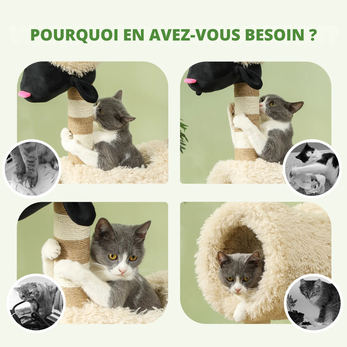 Chats qui griffent le cou gainé de corde de l'arbre à chat mouton et se cachent dans son tunnel — Les Trésors d'Owka