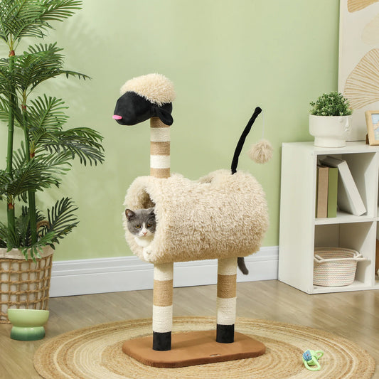 Arbre à chat mouton de 98 cm au salon, un chat dans son tunnel en peluche, poteaux gainés de corde — Les Trésors d'Owka