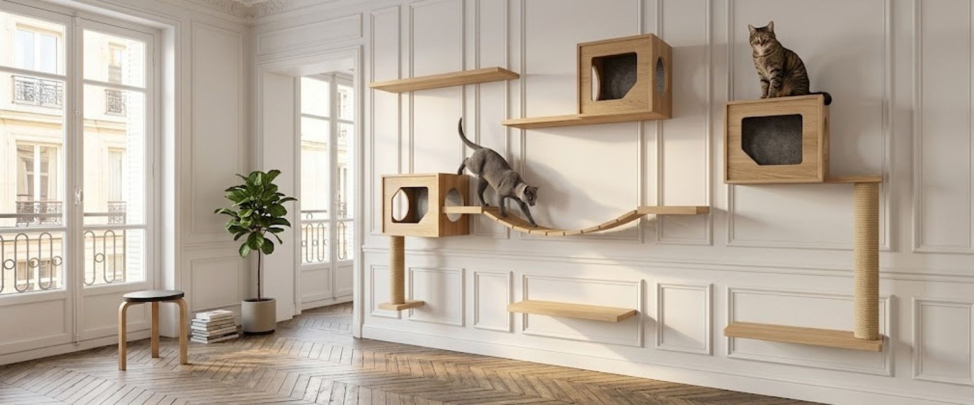 Parcours félin mural en bois avec étagères, passerelles et cabanes — deux chats dans un appartement parisien haussmannien — Les Trésors d'Owka
