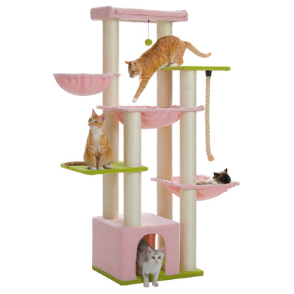 Arbre à chat original rose et vert pomme multi-niveaux avec jouet suspendu et corde de jeu pour chatons et chats actifs.