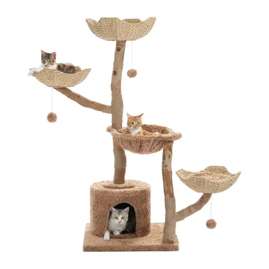Arbre à chat façon osier marron de 150 cm : trois paniers tressés, lit rond et niche ronde en peluche — Les Trésors d'Owka