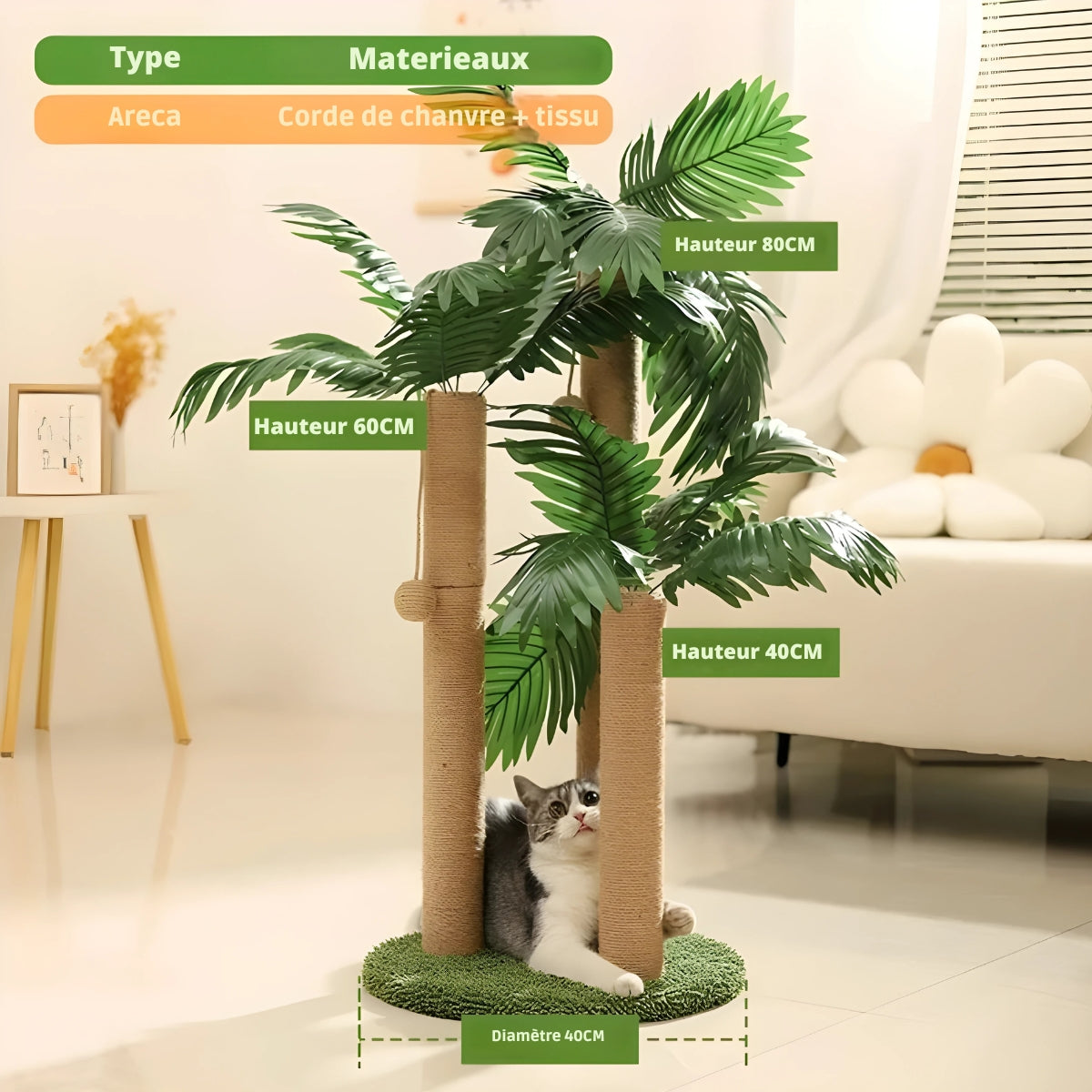 Arbre à chat design Areca en forme de palmier avec trois poteaux griffoirs en corde de chanvre de 40, 60 et 80 cm, base circulaire de 40 cm et feuilles tropicales artificielles.