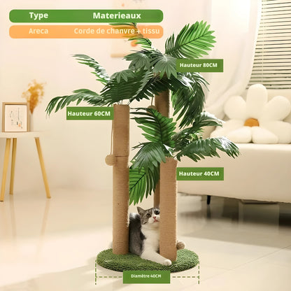 Arbre à chat design Areca en forme de palmier avec trois poteaux griffoirs en corde de chanvre de 40, 60 et 80 cm, base circulaire de 40 cm et feuilles tropicales artificielles.