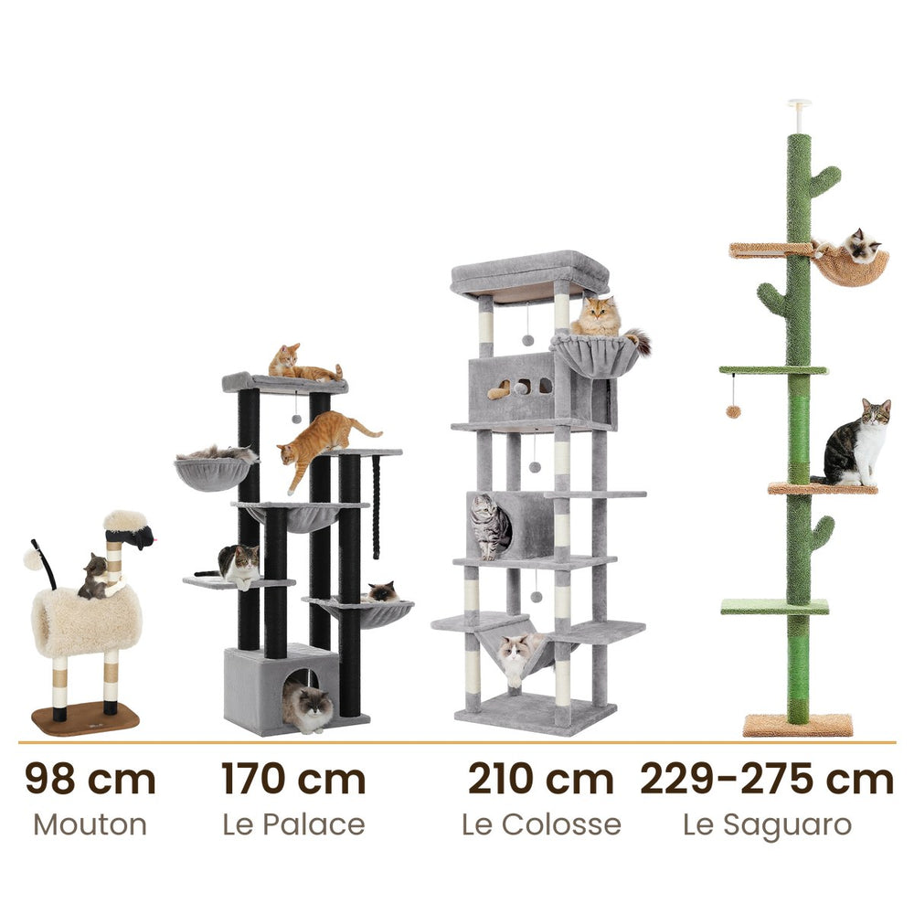 Quatre de nos arbres à chat côte à côte pour comparer leur taille : 98, 170, 210 et 229 à 275 cm — Les Trésors d'Owka