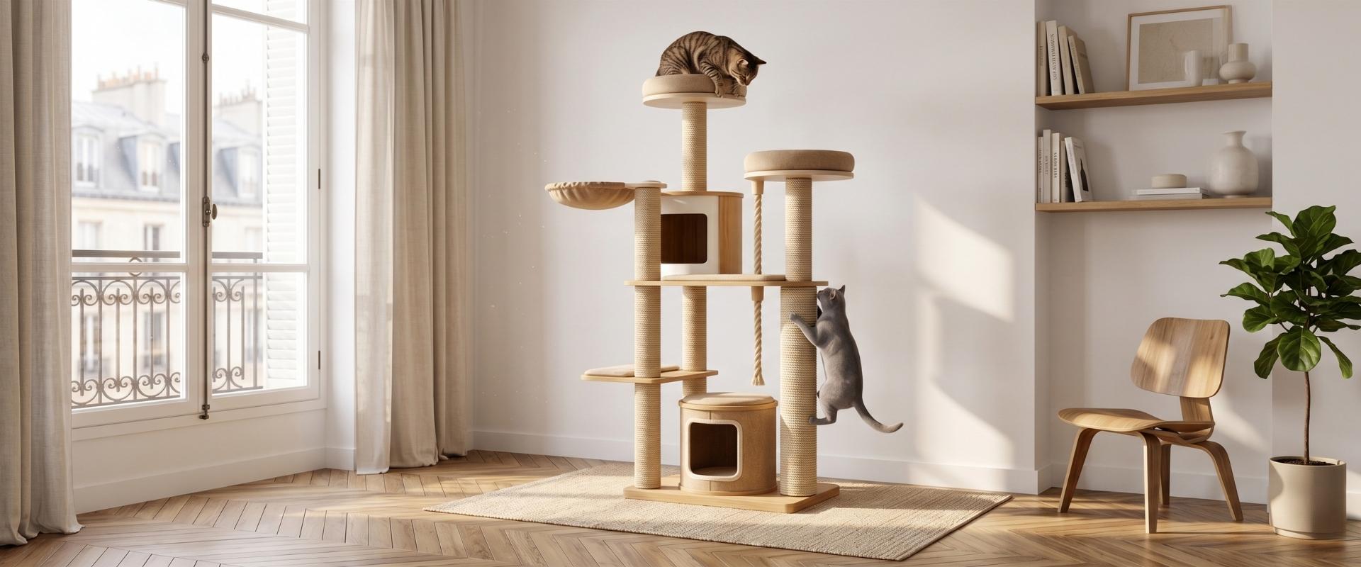 Arbre à chat XXL en bois naturel et sisal avec deux chats dans un appartement parisien lumineux — Les Trésors d'Owka