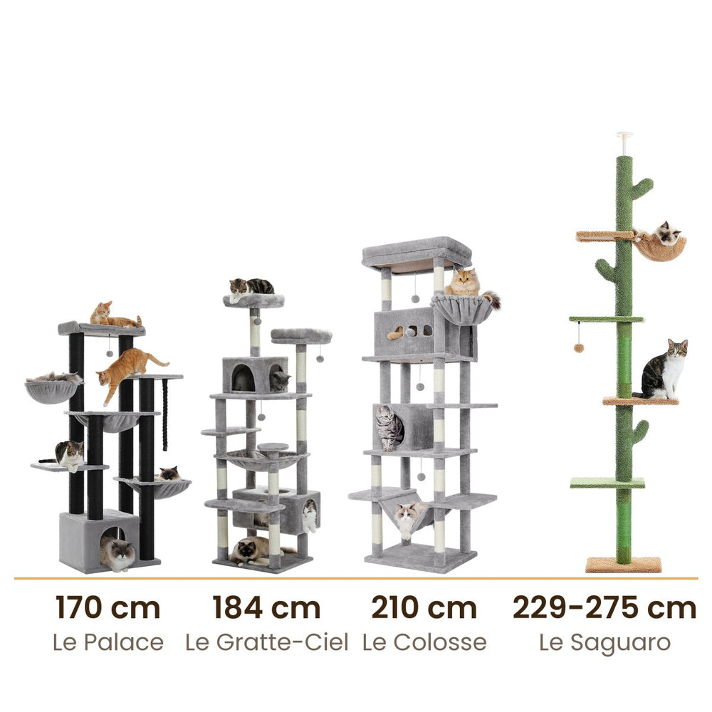 Quatre arbres à chat XXL à l'échelle : 170 cm, 184 cm, 210 cm et de 229 à 275 cm, côte à côte — Les Trésors d'Owka