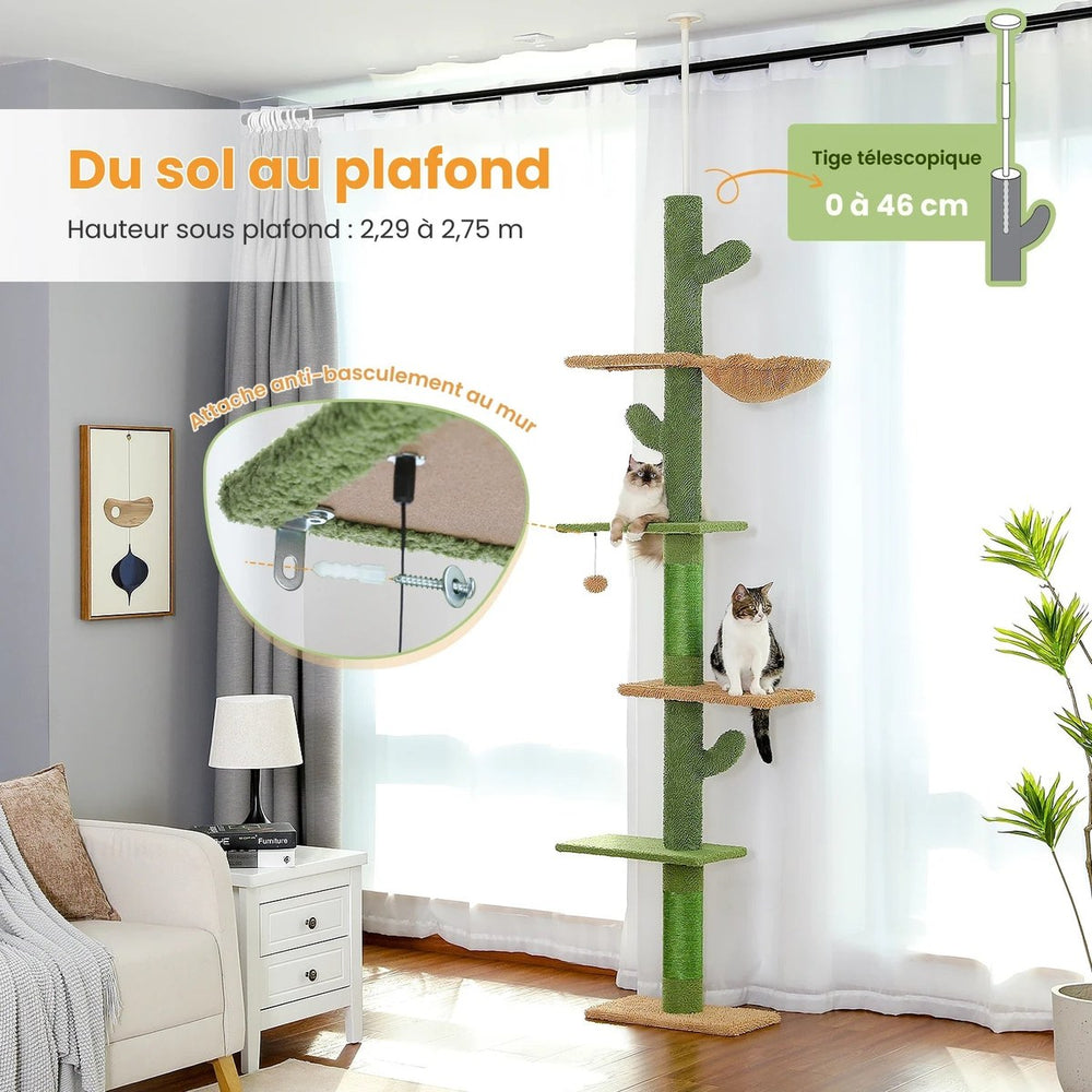 Arbre à chat géant sur tige télescopique de 0 à 46 cm, avec son attache anti-basculement au mur — Les Trésors d'Owka
