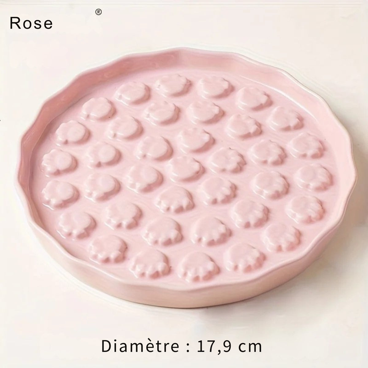 Assiette anti-glouton en céramique rose : 17,9 cm de diamètre selon le fabricant, avec ses reliefs en pattes – Les Trésors d'Owka