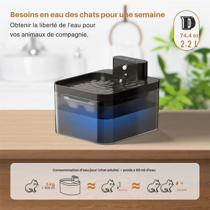 Infographie sur l'autonomie de la fontaine pour chat avec réservoir de 2,2L. Schéma expliquant la consommation d'eau quotidienne pour un chat de 5kg. La fontaine eau chat Les Trésors d'Owka offre jusqu'à 1 semaine de liberté. Fontaine chat grande capacité pour plusieurs animaux.