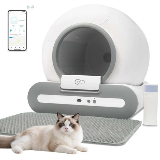 Bac à litière chat automatique et connecté DOEL blanc et gris, présenté avec son application mobile de suivi de santé, un tapis de sortie alvéolé et un chat Ragdoll. Ce bac a litiere intelligent est une solution innovante, utilisable comme bac à litière pour chaton grâce à ses capteurs de sécurité.