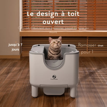 Un chat gris dans un bac à litière chat automatique Furoomate au design ouvert ("Open-top"). Ce bac a litiere sur pieds offre jusqu'à 7 jours d'autonomie sans nettoyage manuel, idéal comme bac à litière pour chaton de moins de 6 kg (13 lbs).