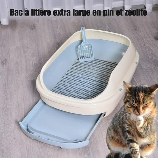 Bac à litière chat extra large de couleur beige et bleu avec tiroir amovible et tamis intégré. Ce modèle haut de gamme, compatible avec le pin et la zéolite, est idéal comme bac à litière pour chaton pour un contrôle optimal des odeurs et un nettoyage facile.