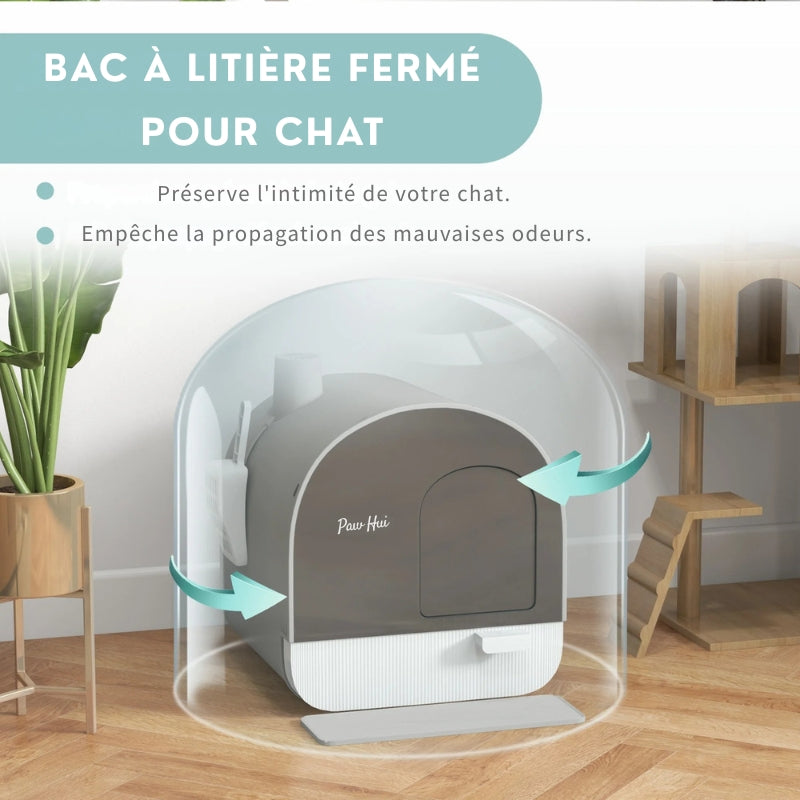 Infographie d'un bac à litière chat PawHut gris et blanc dans un salon moderne. Ce bac a litiere fermé préserve l'intimité de l'animal et empêche la propagation des mauvaises odeurs, idéal comme bac à litière pour chaton.