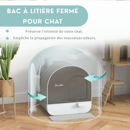Infographie d'un bac à litière chat PawHut gris et blanc dans un salon moderne. Ce bac a litiere fermé préserve l'intimité de l'animal et empêche la propagation des mauvaises odeurs, idéal comme bac à litière pour chaton.