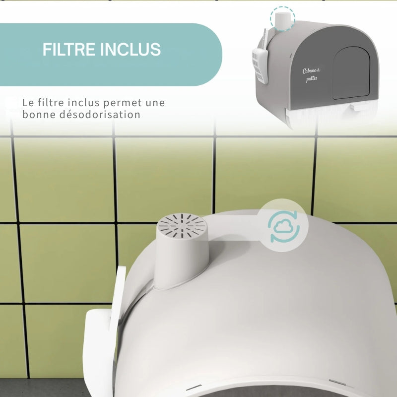 Infographie d'un bac à litière chat PawHut blanc montrant le filtre supérieur intégré pour une désodorisation optimale. Ce bac a litiere fermé est une solution saine et sans odeur, idéale comme bac à litière pour chaton.