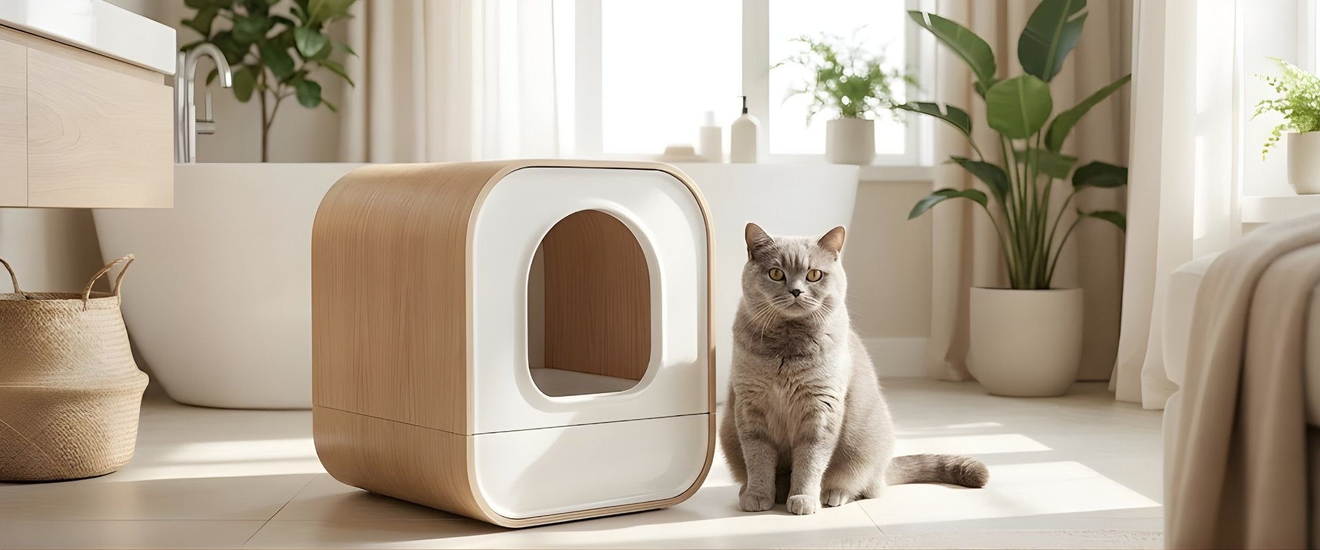 Beau chat gris assis paisiblement à côté d'un bac à litière chat propre et ouvert, dans une salle de bain moderne et lumineuse.