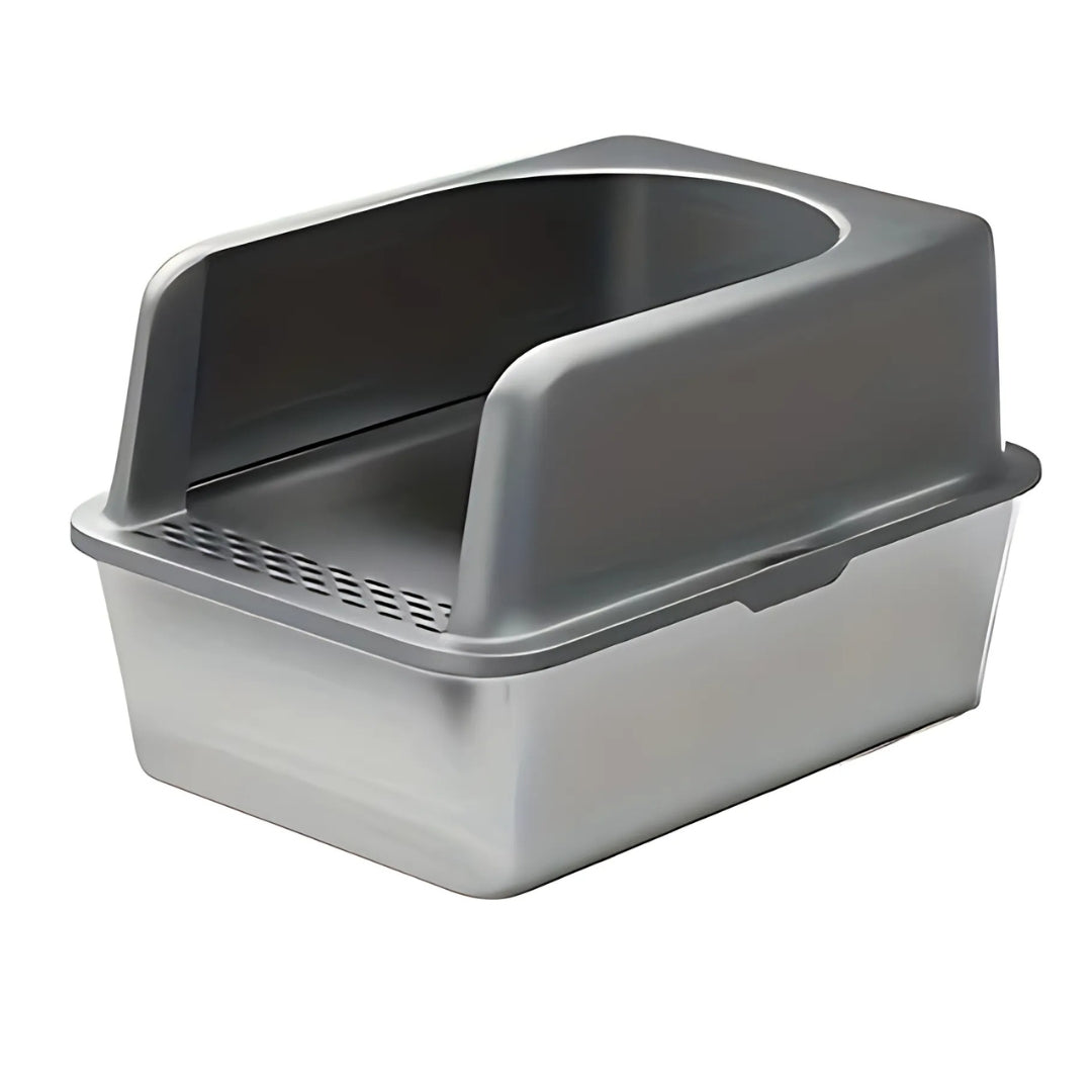 Bac à litière professionnel en acier inoxydable avec rebord de protection amovible gris foncé, design anti-projections et hygiénique, vue de trois-quarts sur fond blanc.