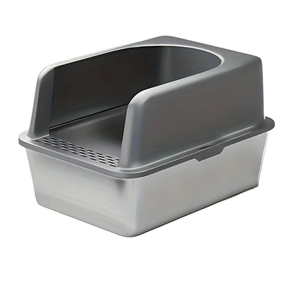 Bac à litière professionnel en acier inoxydable avec rebord de protection amovible gris foncé, design anti-projections et hygiénique, vue de trois-quarts sur fond blanc.