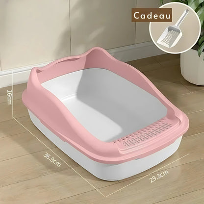 image du bac a litière a bord haut rose pour chaton avec les dimension écrite de chaque coté