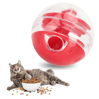 Gros plan sur une balle distributrice de croquettes rouge et transparente, à côté d'un chat gris à poils longs se léchant les babines devant un bol de nourriture. L'image illustre l'efficacité de ce jouet chat interactif pour récompenser l'animal tout en stimulant son intelligence. Ce jeux pour chat sophistiqué avec labyrinthe interne spirale permet de réguler l'alimentation et d'occuper sainement votre compagnon. Un jouet a chat durable et ludique conçu pour favoriser le bien-être et la digestion, disponib