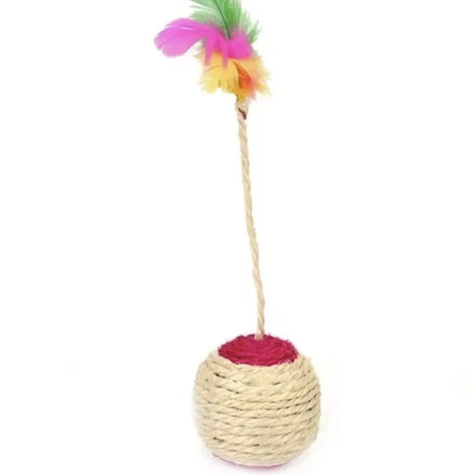 Balle en sisal à plumes pour chat : sisal naturel, sommet rose, tige torsadée et plumes colorées — Les Trésors d'Owka