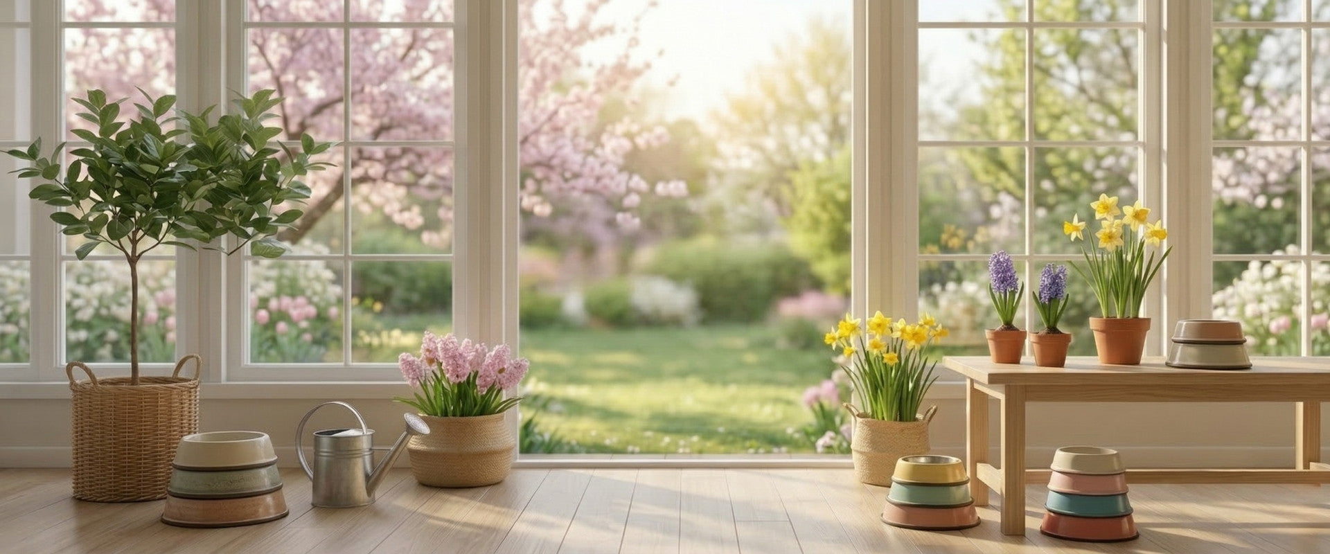 Une vue lumineuse et apaisante depuis une véranda s'ouvrant sur un jardin printanier en fleurs, ornée de paniers tressés, de fleurs de saison (jonquilles, hyacinthes) et de collections élégantes de gamelles pour chat colorées signées Les Trésors d'Owka.