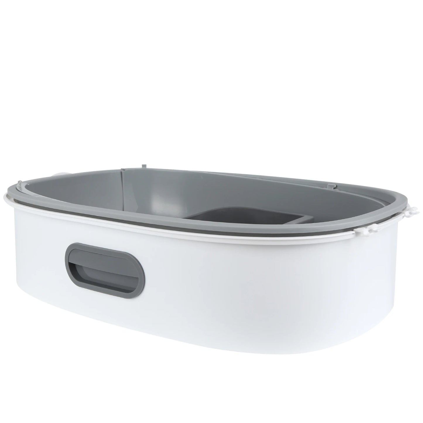 Base de bac à litière chat ouvert au design bicolore blanc et gris avec rebords arrondis. Ce bac a litiere robuste offre une grande surface de mouvement, idéal comme premier bac à litière pour chaton grâce à sa structure stable et son accès facile.