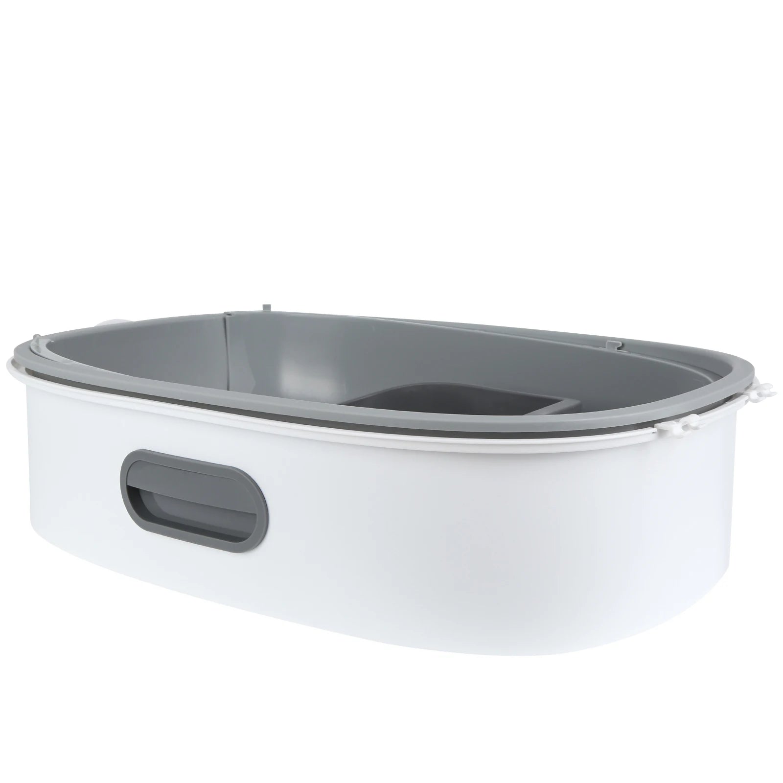 Base de bac à litière chat ouvert au design bicolore blanc et gris avec rebords arrondis. Ce bac a litiere robuste offre une grande surface de mouvement, idéal comme premier bac à litière pour chaton grâce à sa structure stable et son accès facile.