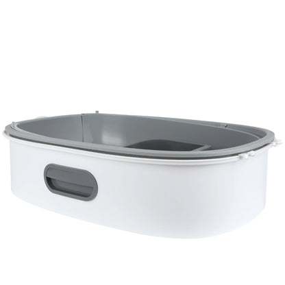 Base de bac à litière chat ouvert au design bicolore blanc et gris avec rebords arrondis. Ce bac a litiere robuste offre une grande surface de mouvement, idéal comme premier bac à litière pour chaton grâce à sa structure stable et son accès facile.