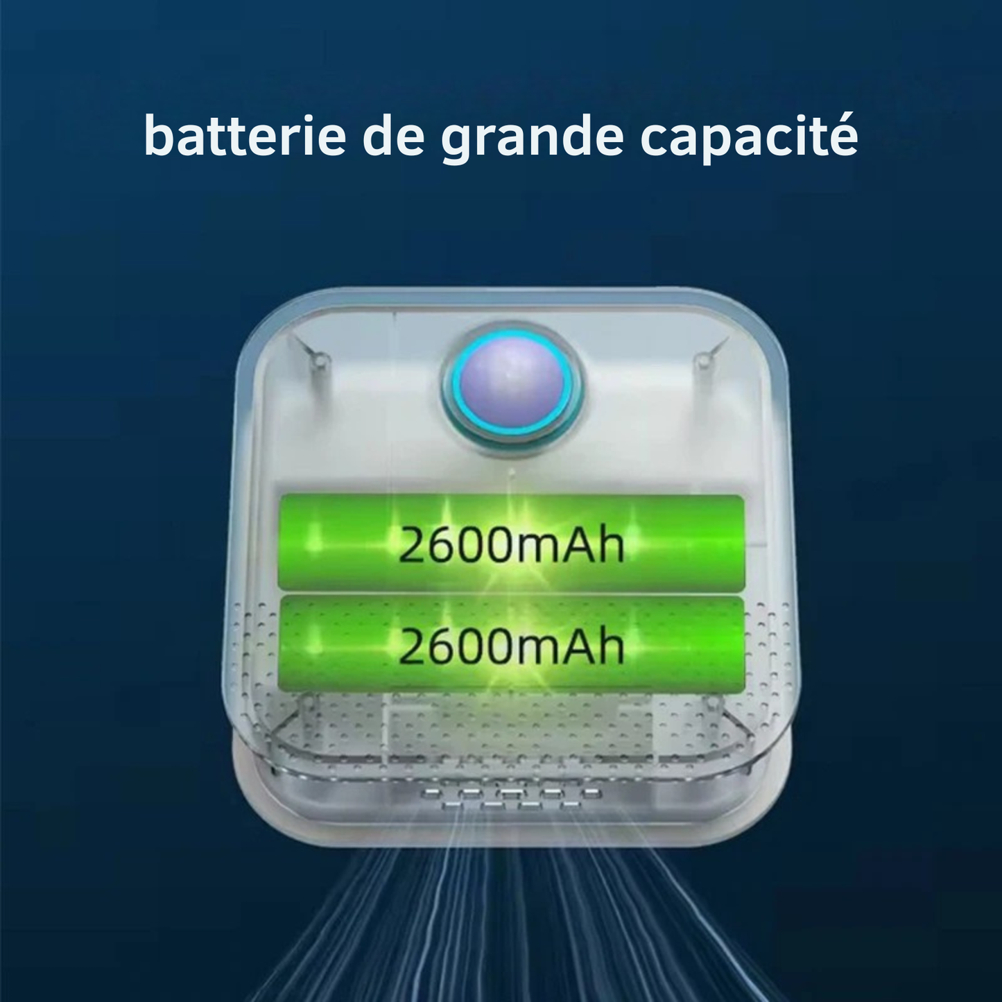 Infographie technique montrant la vue interne en transparence du Purificateur d'Air Intelligent pour Litière de la marque Les Trésors d'Owka. L'image met en évidence le système de double batterie haute capacité de 2600mAh chacune, garantissant une autonomie exceptionnelle pour le traitement des odeurs. Ce Purificateur d'Air chat haute performance utilise sa réserve d'énergie pour alimenter son capteur intelligent et son système de filtration ionique en continu. Grâce à sa batterie de grande capacité, ce Pur