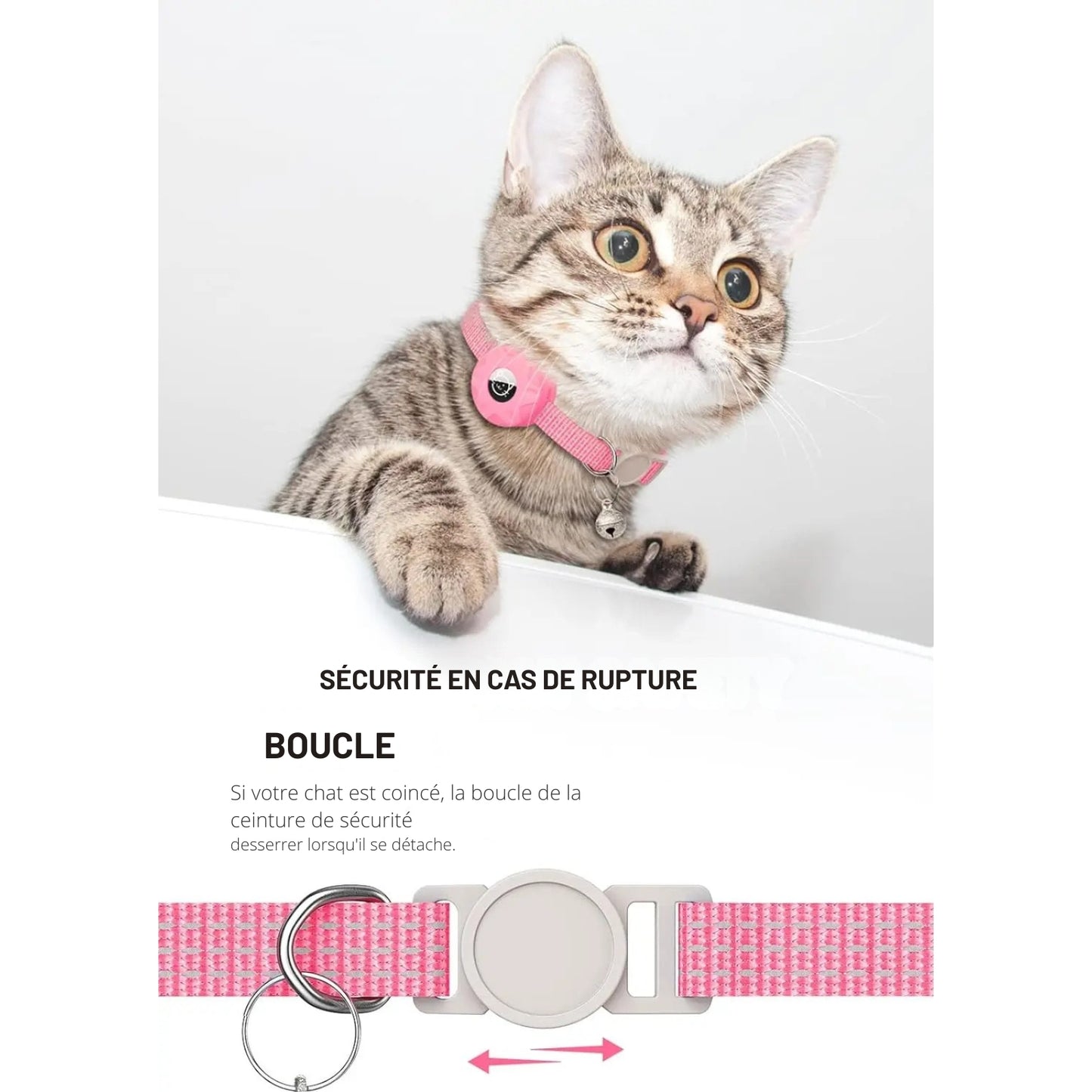 Gros plan sur la boucle de sécurité détachable (Breakaway Safety Buckle) d'un collier gps chat rose. Le mécanisme est conçu pour s'ouvrir automatiquement si l'animal est piégé, garantissant une protection maximale. Ce collier gps avec clochette est le choix idéal pour un collier gps pour chaton actif et explorateur.