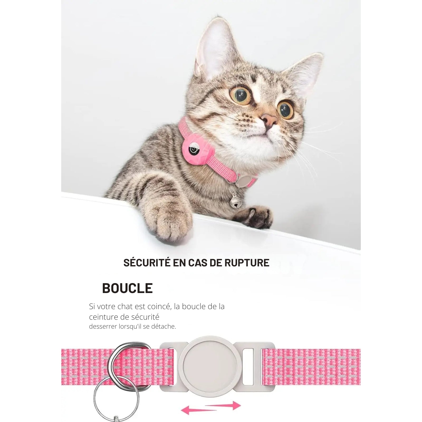 Gros plan sur la boucle de sécurité détachable (Breakaway Safety Buckle) d'un collier gps chat rose. Le mécanisme est conçu pour s'ouvrir automatiquement si l'animal est piégé, garantissant une protection maximale. Ce collier gps avec clochette est le choix idéal pour un collier gps pour chaton actif et explorateur.