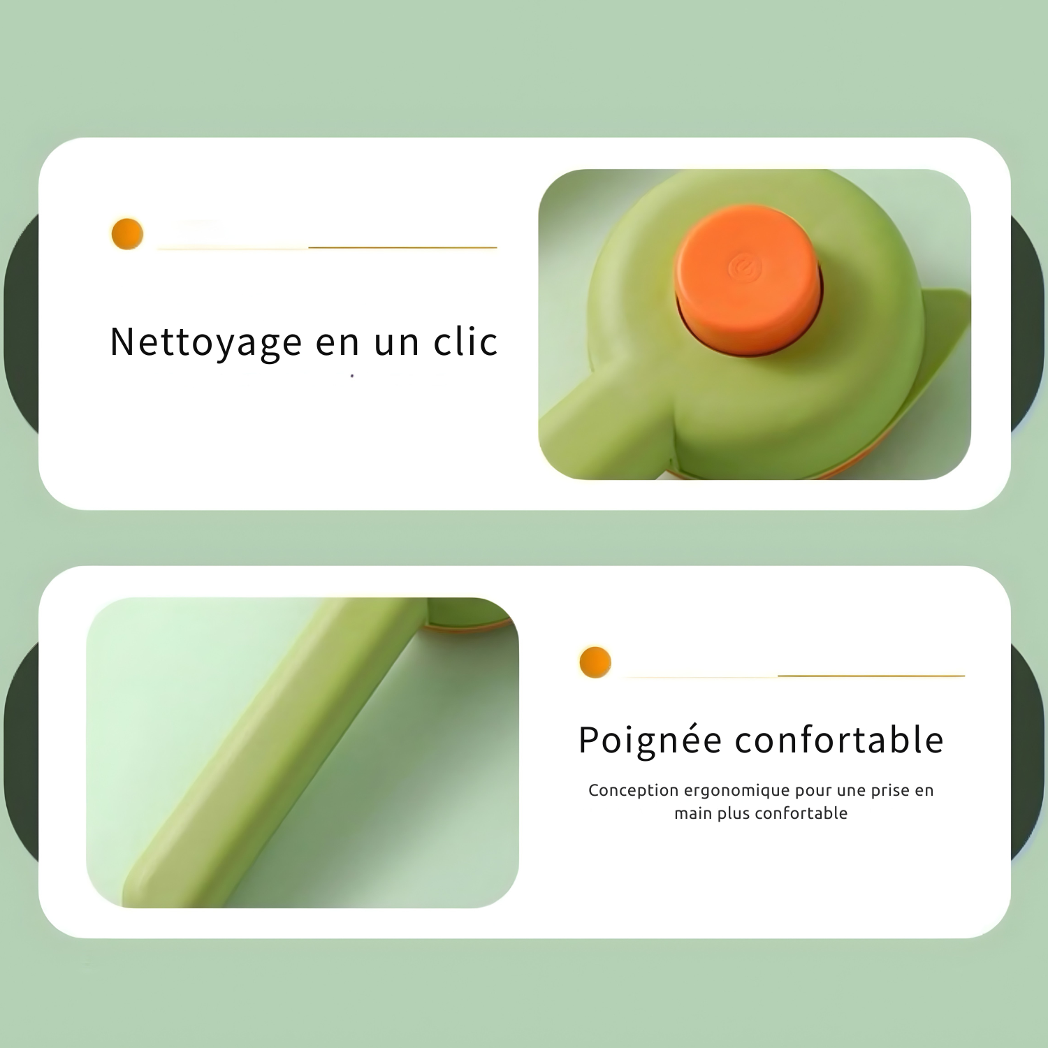Détails de la brosse autonettoyante pour chat : bouton poussoir orange pour un nettoyage en un clic et poignée verte ergonomique pour une prise en main confortable.