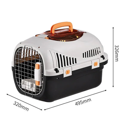 Caisse de transport rigide pour chat noire et blanche avec dimensions (495x320x326mm), dotée d'une grille métallique frontale, de verrous orange et d'une trappe d'ouverture supérieure transparente.