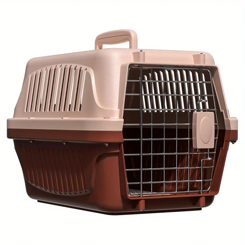 Caisse de transport rigide bicolore beige et marron pour chat ou petit chien, équipée d'une porte en grille métallique avec verrouillage sécurisé, larges fentes de ventilation et poignée ergonomique.