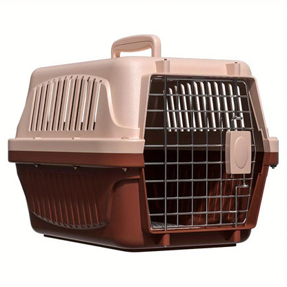 Caisse de transport rigide bicolore beige et marron pour chat ou petit chien, équipée d'une porte en grille métallique avec verrouillage sécurisé, larges fentes de ventilation et poignée ergonomique.
