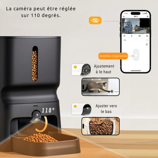 Grand distributeur croquettes chat et chien d'une capacité de 7 litres en noir mat. Le visuel montre le réservoir XL avec fenêtre de visualisation et caméra intégrée. Ce distributeur croquettes automatique est idéal pour nourrir votre animal pendant plusieurs semaines. Une solution de distributeur croquettes chien robuste et connectée pour une gestion parfaite de l'alimentation à distance.