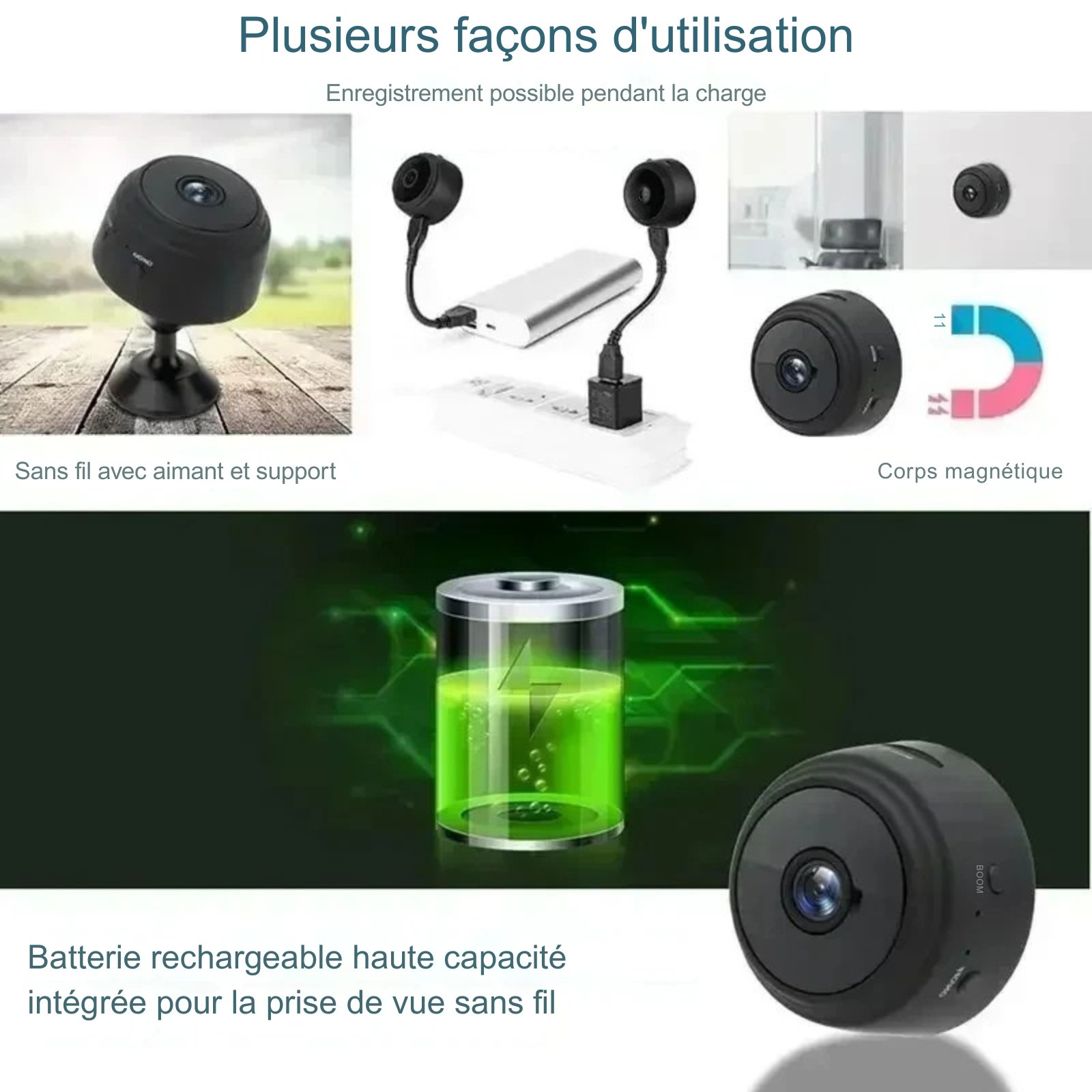 Infographie montrant les modes d'utilisation de la caméra animaux : corps magnétique, support rotatif et batterie rechargeable longue durée. Cette caméra surveillance chat et chien sans fil peut enregistrer pendant la charge via USB ou powerbank, offrant une flexibilité totale pour la caméra surveillance chien en intérieur.